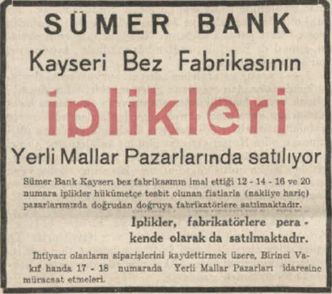 Sümerbank Kayseri bez faribası ilanı